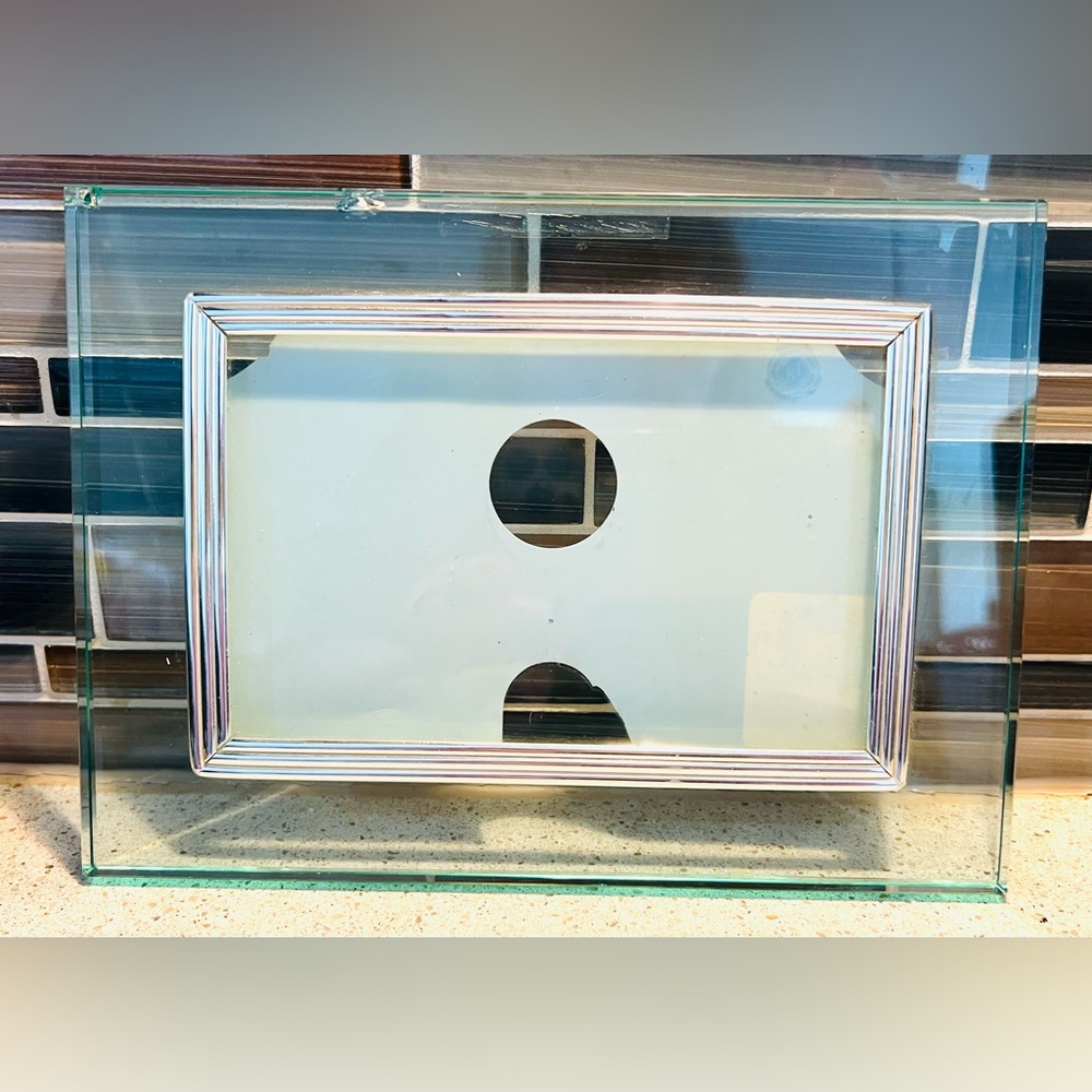 Vintage solid heavy glass Photo frame with silver inner frame 4” x 6” as is